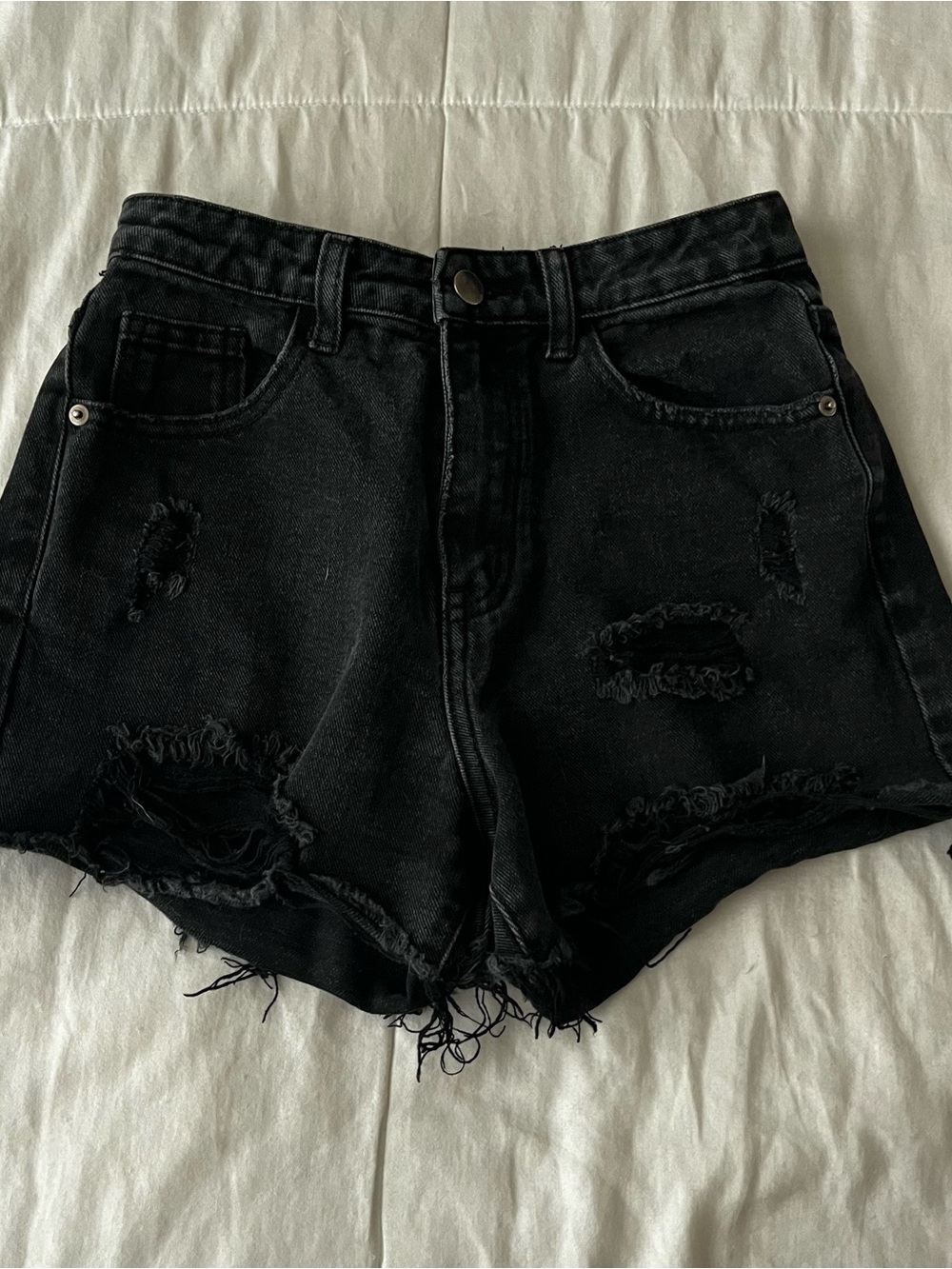 PrettyLittleThing Black Distressed High-Rise Denim Shorts